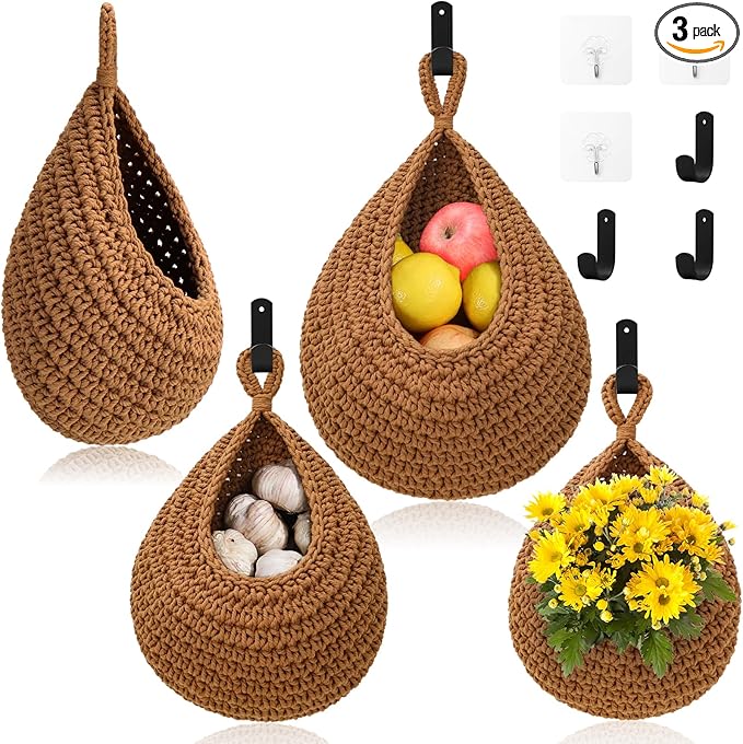 Boho Decor Hanging Fruit Baskets for Kitchen - 3 Pack Wall Hanging Basket with 6 Pcs Strong Hooks, Handwoven Hanging Holder Teardrop Produce Basket for Fruits Vegetable Potato Onion Storage (Linen)