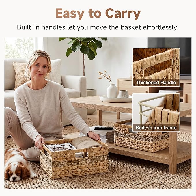 StorageWorks Jumbo Rectangular Wicker Basket, Water Hyacinth and Seagrass Storage Basket with Built-in Handles, 1 Pack