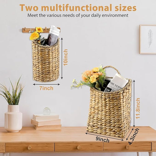2 Pack Woven Hanging Basket Set, Wicker Wall Baskets Handmade Seagrass Planters for Front Door, Garden, Farmhouse Home Decor