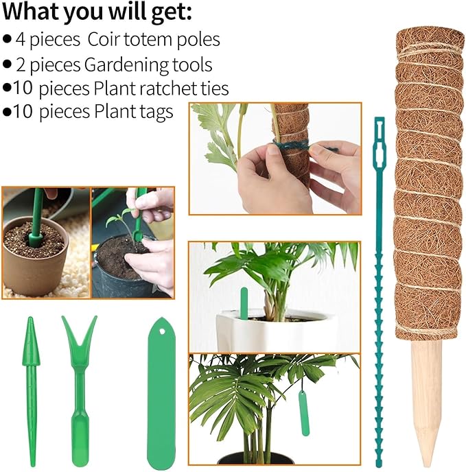 Kikhope Moss Pole Monstera Plants Support, 4 Pack 15.7 inch Coir Totem Poles, Plant Support Stakes, Plant Sticks, Coir Moss Stick for Indoor Potted Plants Train Creeper Plants Grow Upwards