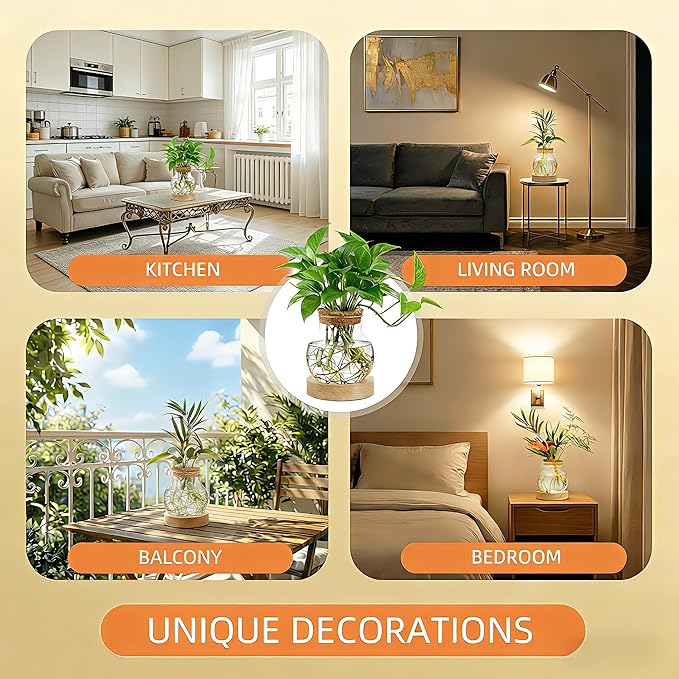 Plant Propagation Station with Wooden Saucer, Glass Terrarium with Stepless Dimming Function Hydroponic Glass Container Vase Jars Gardening Gifts for Mom Women Plant Lovers(2 Pack)