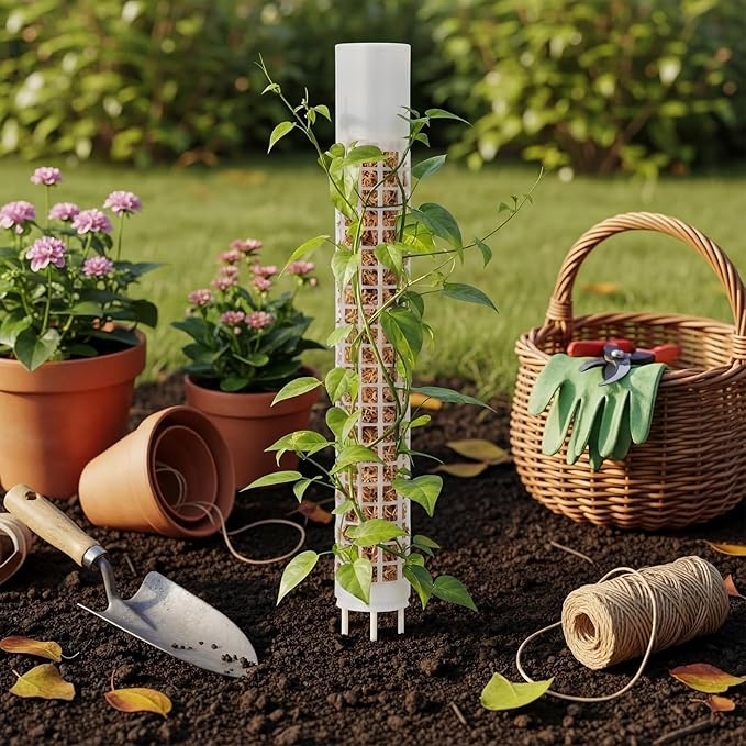 4 Pack Self-Watering Plastic Moss Stake for Monstera Plant Support Multi-Size Stackable and Refillable Plastic Moss Stakes for Climbing Plants with Large Mesh Design