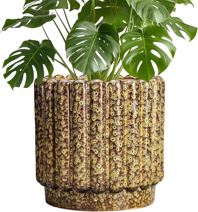 Ceramicfor Ceramic Pots for Plants - 9.6 Inch Ceramic Planters for Indoor Plants, Round Flower Pots with Drainage Hole, Fluted Large Planter Outdoor, Patio Decor, Garden Gifts, Yellow
