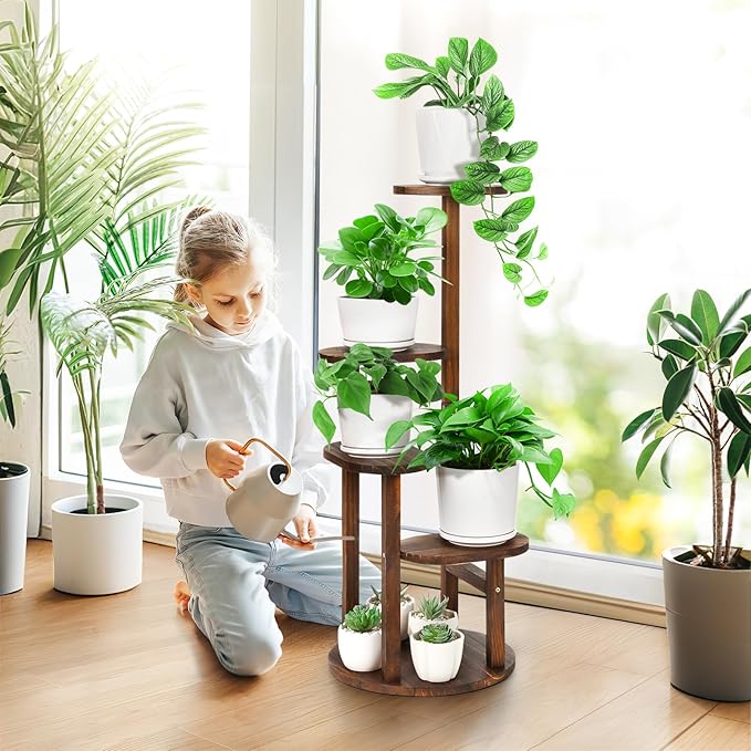4 Tier Tall Plant Stand Indoor, Wood Corner Plant Shelf for Multiple Plants, Sturdy Oval Tiered Flower Pot Holder Display Rack for Living Room Balcony Patio, Carbonized Pine Wood