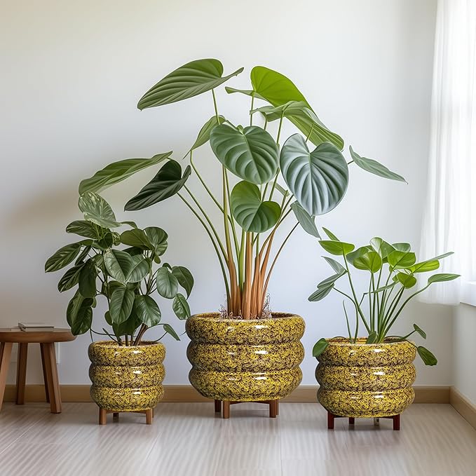 SQOWL Ceramic Pots for Plants - 13.5 Inch Ceramic Planter for Indoor Plants, Large Plant Pots with Drainage Hole, Round Flower Pot Outdoor, Bubble Planter, Room Decor, Gifts for Plant Lover, Yellow