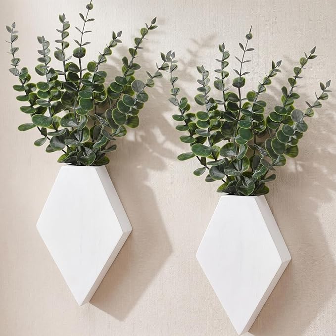 Chunful 2 Pcs Wooden Wall Planter Decor Hanging Fake Plants Greenery Flowers Holder Vase Boxes for Wall Bohemian Farmhouse Room Kitchen Office Indoor Decoration(White,7.1 x 4.7 x 1.2 Inches)