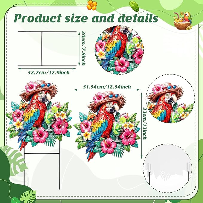 Amyhill Summer Outdoor Decor Tropical Parrot Metal Garden Stakes 25 Inch Jungle Leaves Floral Welcome Yard Signs Decorations Decorative Garden Stakes for Patio Lawn Walkway Backyard Porch Decorations
