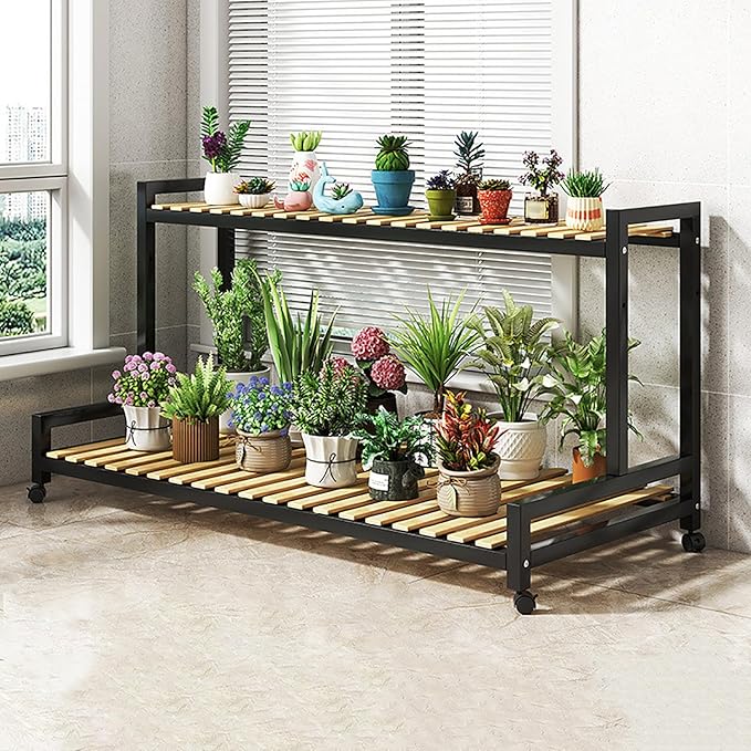Multi-Tier Bamboo & Metal Plant Stand - 4-Tier Succulent Display Rack, Stylish Indoor Flower Holder & Wooden Ladder for Home Decor & Greenery Showcase