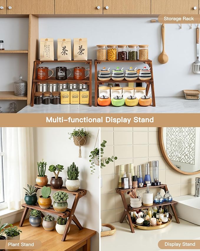 2 Tier Small Wood Plant Stand for Desktop, X-Frame Windowsill Plant Shelf Indoor, Table Top Mini Ladder Flower Pot Holder Display Rack for Succulent, Herbs, Decorations, Kitchen Spices