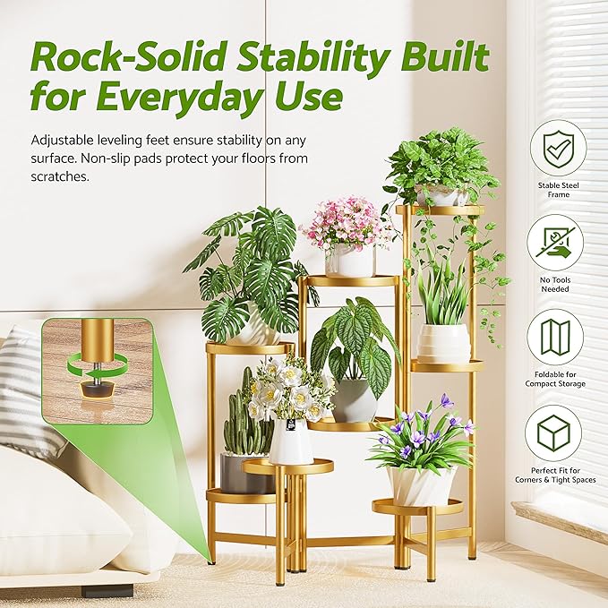 Gold Plant Stand, 8 Tiered Plant Stand Indoor for Multiple Large Planter, Tall Heavy Duty Adjustable Folding Rack with Rustproof 7.9 Inch Wide Tray, Corner Plant Shelf for Balcony - GoldDisk