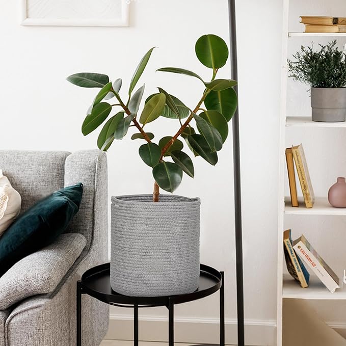 MEGASKET Grey Plant Basket, Woven Basket Planter for 10 inch Pot, Round Indoor Tree Pot Cover, Small Gray Storage Bin Organizer, Decorative Planter and Home Decor, 11”X11”
