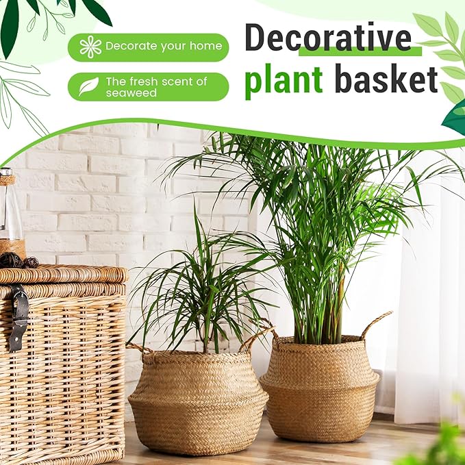 Knitgrip Large Wicker Plant Basket with Handle 10 Inch Woven Seagrass Belly Basket and Artificial Moss for House Plants Picnic Grocery Laundry Storage Home Decor(Large,Original,2 Pack)