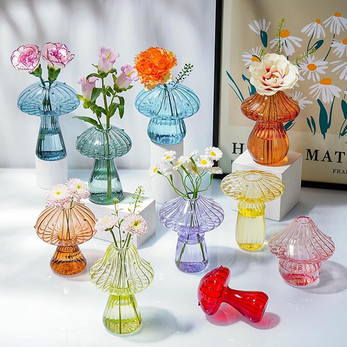 Plant Propagation Station, Set of 10 Colored Mushroom Vase, Glass Propagation Stations, Mini Terrarium for Plants, Unique Small Propagation Planter Cute Mushroom Decor Gifts for Women (10Pcs Colorful)
