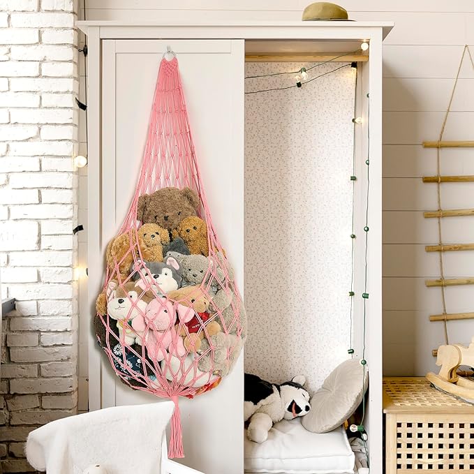 Amdermi Novel Stuffed Animal Hammock Corner Hanging Net for Stuff Aniaml Storage Macrame Toy Display Plush Toy Holder-Perfect for The Tiny Space Walls (pink, XXL)