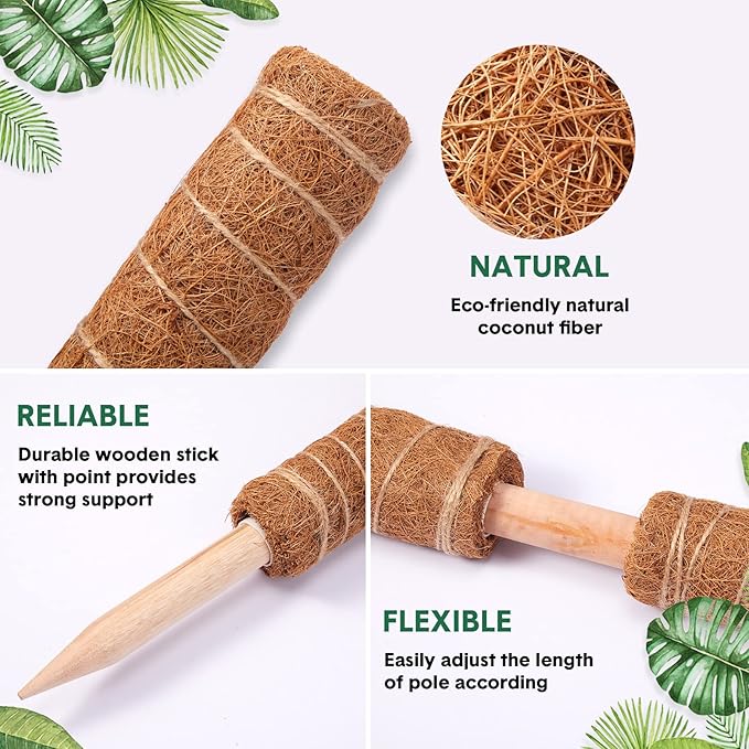 10 Pack Moss Pole, 112 Inch Coir Moss Pole for Plants Monstera, Plant Pole for Climbing Indoor Plants Potted Plants, Plant Sticks Support Extension with 30 Pcs Plant Labels and 5 Pcs Garden Ties