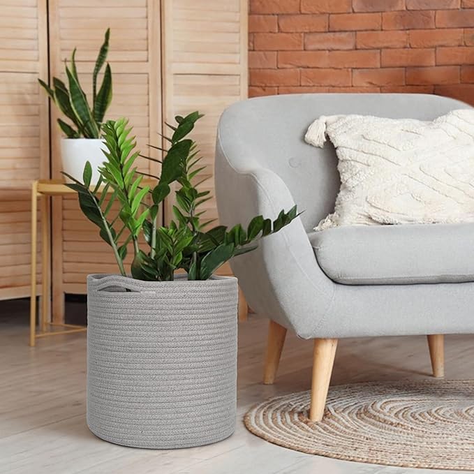 MEGASKET Grey Plant Basket, Woven Basket Planter for 10 inch Pot, Round Indoor Tree Pot Cover, Small Gray Storage Bin Organizer, Decorative Planter and Home Decor, 11”X11”