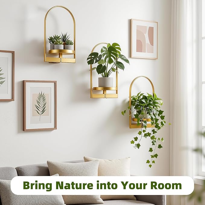 3 Pack Gold Wall Plant Holder for Indoor Plants, Metal Wall Mounted Plant Shelf for Small Pots, Decorative Hanging Wall Planter Display, Modern Wall Decor for Living Room, Bedroom, Entryway, Office