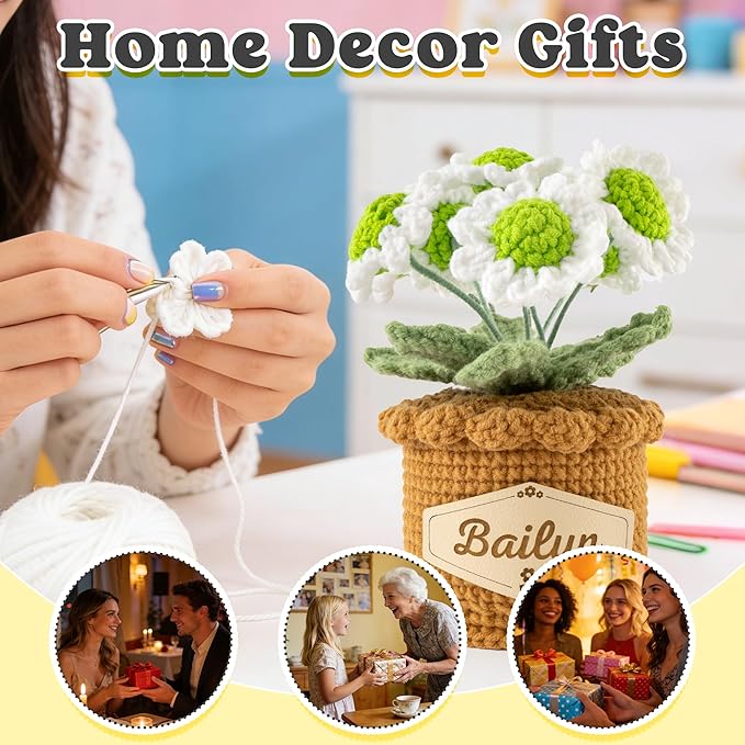 Crochet Flowers with Personalized Leather Name Tag Handmade Knitted Flowers for Home Office Desk Decor Crochet Daisy Potted Plant Crochet Gift for Women,Mom,Teacher, Friend, Birthday(White)