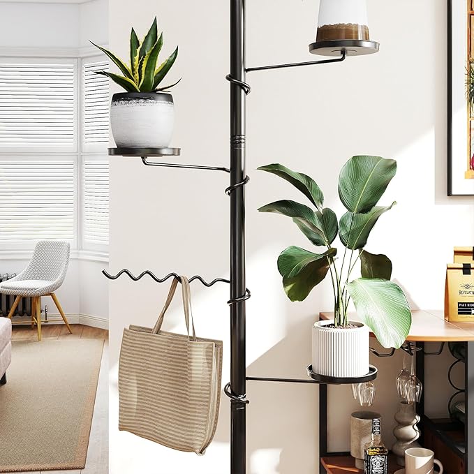BAOYOUNI 5 Tier Indoor Plant Pole Stand Tension Rod Adjustable Flower Display Rack Spring Loaded Floral Hanger Storage Shelf with 4 Trays & 1 Wave Hook, Black (4 Trays & 1 Wave Hook, 5 Tier)