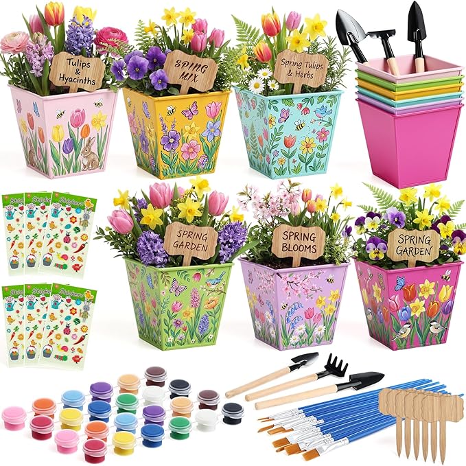 6 Sets Flower Pot Painting Kit DIY 6 Colorful Spring Metal Iron Plant Pots with Acrylic Paint Stickers Brushes Plant Labels Gardening Tool Kit for Planting Crafts Spring Birthday Gift
