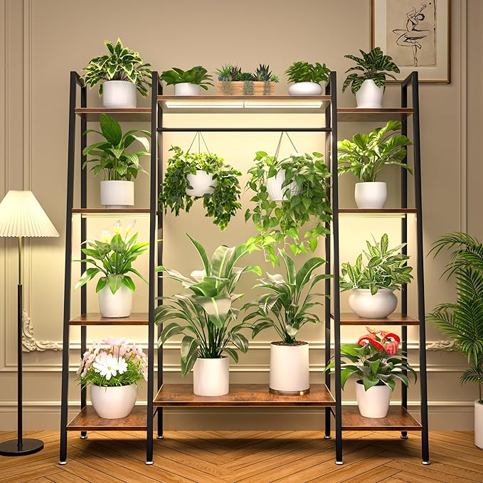 BACEKOLL Plant Stand Indoor with Grow Lights, 6 Tiered Metal Plant Shelf, 55" Large Plant Stand for Indoor Plants Multiple, Corner Plant Holder Display Shelf, Tall Plant Rack for Living Room, Patio