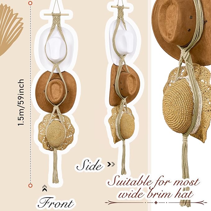 Yulejo Macrame Hat Hangers Boho Hat Rack Cowboy Hat Hanger Back of Door Hat Organizer (Beige,Three Hats Style)