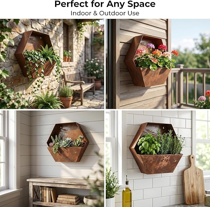 Topadorn Metal Hanging Planter Flower Pot Metal Container Wall Pocket Garden Bucket for Indoor or Outdoor Balcony Patio, Octagon 12"