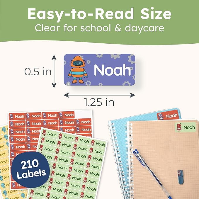 Personalized Name Labels for Kids (210 Labels) - Durable & Waterproof Custom Name Stickers for Clothing Tags, School Supplies, Camp & Daycare - Robots (1.2”x0.5”)