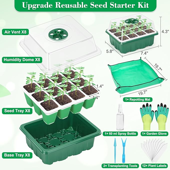 Reusable Silicone Seed Starter Tray, 96 Cells Seed Starter Kit with Humidity Adjustable Dome and Lid, 8 Packs Plant Germination Trays with Repotting Mat Germination Kit for Seeds Grow Starting