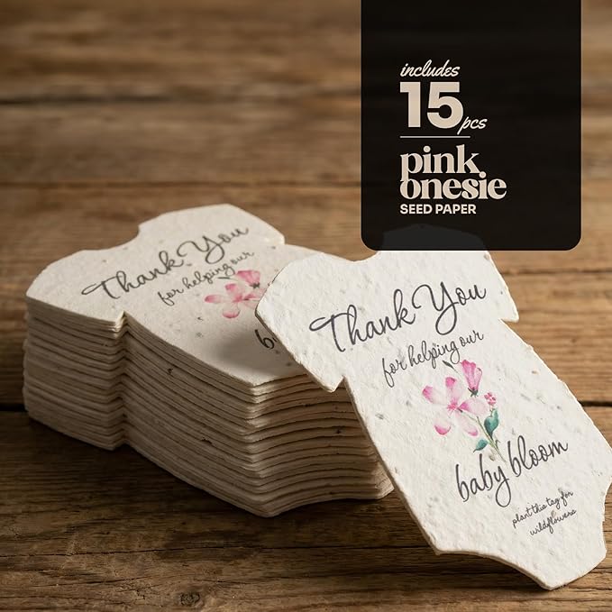 15pcs Pink Onesie-Shaped Gift Tags with Wildflower Seeds - Writable Gift Wrap Tags for Baby Showers, Mother's Day Present, Party Favors, DIY Crafts, & Earth Day Decorations
