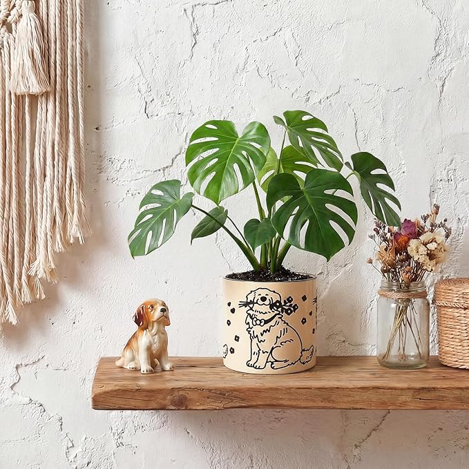 STHIE Indoor Plant Pot 5 Inch - Round Ceramic Planter with Drainage Hole, Hand-Painted Cute Flower Pot for Desktop Office Windowsill, Dog Lover Gift (Resting Dog)