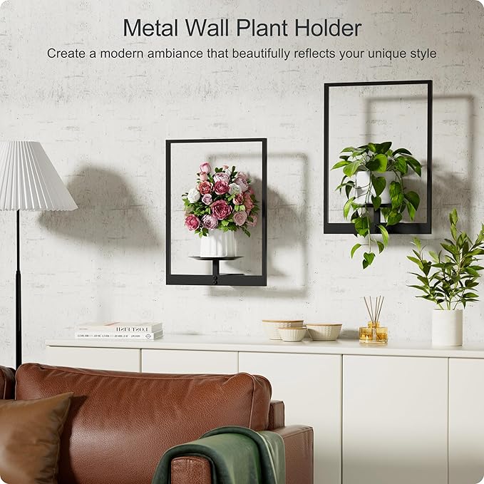 Black Metal Wall Plant Holder - 3-Pack Wall Mounted Plant Stands and Hanging Holders for Indoor Planter and Flower Pot -Rectangle Decor Shelf for Plant Storage (Pot Not Included)