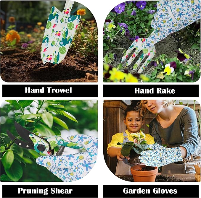 Floral Gardening Tools, Gifts for Mom Mothers Day, Mom Birthday Gifts from Daughters Floral Gardening Tools and Durable Garden Tools Organizer Tote, Ideal Gardening Gift for Women Plant Lover Present