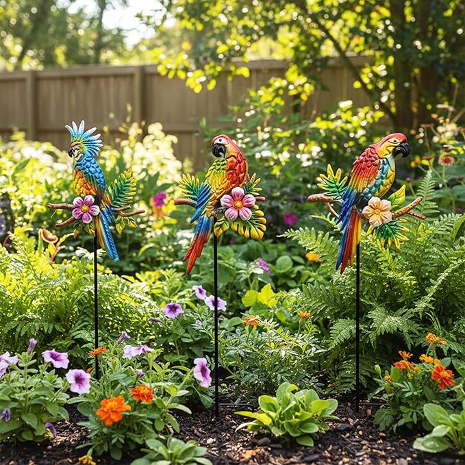 Tropical Parrot Garden Stakes, Metal Outdoor Decorative Lawn Ornaments with Flowers, 3 Pack Colorful Bird Yard Art Decor