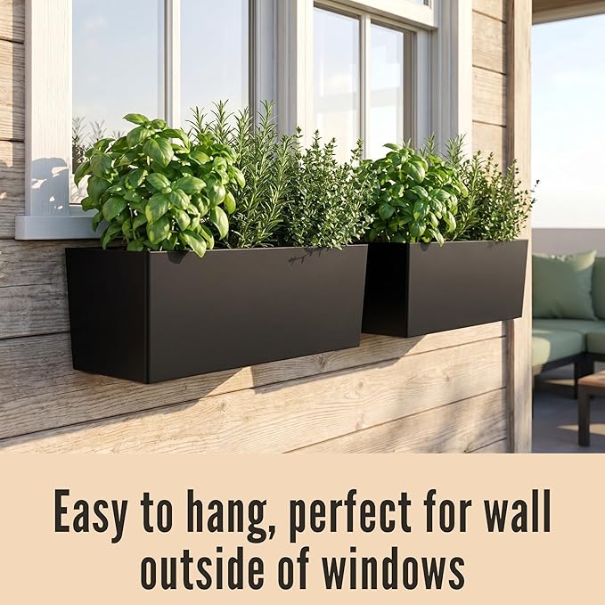 LaLaGreen Wall Planters for Outdoor (14 Inch, 4 Pack) Black Self Watering System Hanging Planter Box Flower Pot, Rectangular Wall Mount Indoor Vertical Living Garden Decoration Window Sill Herb Trendy
