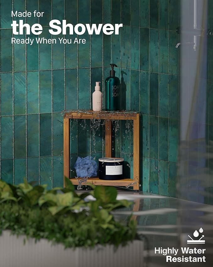 BLUEWEST 16.5" Acacia Wood Corner Shower Stool, Wooden Corner Shower Bench for Shaving Legs Inside Shower, Waterproof Shower Foot Rest with Storage Shelf, Shower Seats and Benches