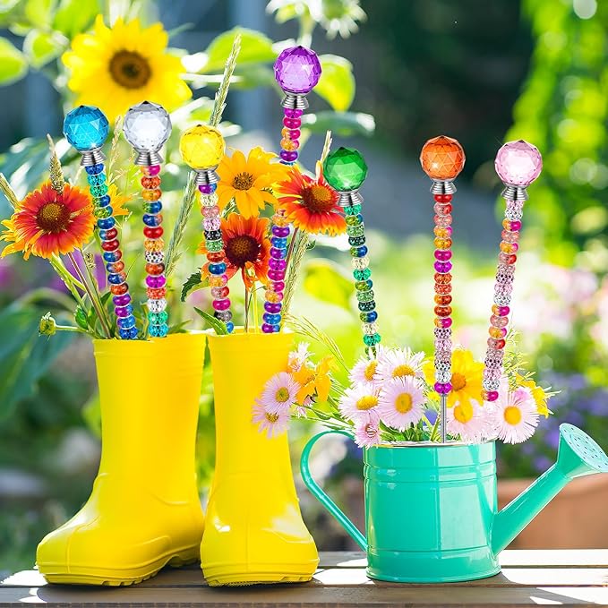 230 Pcs Beaded Garden Stakes, DIY Fairy Wand Garden Stake Beads Kits with 200 Colorful Assortment Round Large Hole Beads with 10 Round Stopper Top, 10 Threaded Rod and 10 Nuts for Outdoor Decoration