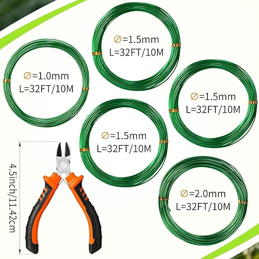 Mudder 5 Roll Aluminum Bonsai Training Wire Tree 160 Feet Total with Bonsai Wire Cutter Anodized Training for Holding Branches Small Trunks(1/1.5/2.0mm,Green)