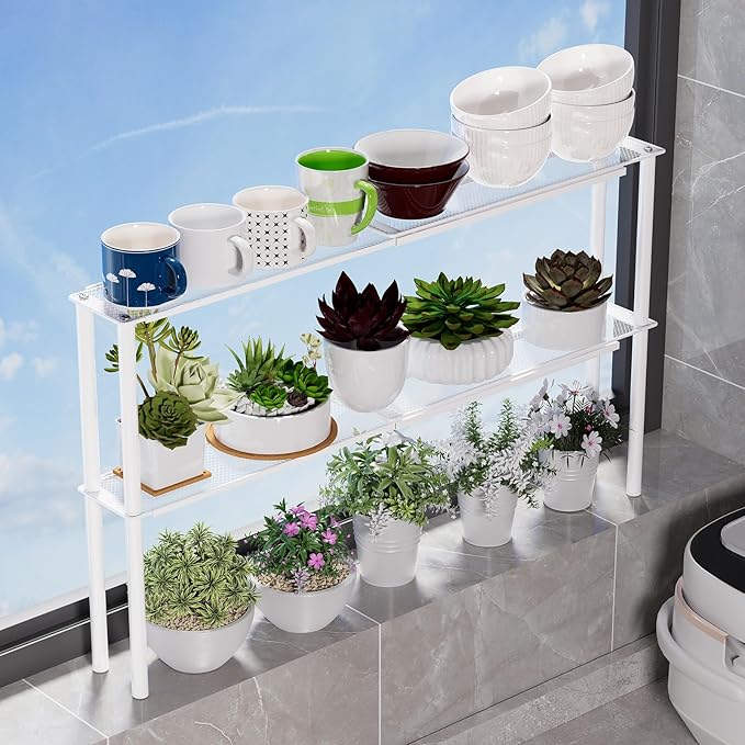 Expandable Mesh Shelf Organizer for Over-Sink Storage, Kitchen Counter, Windowsill Plants, Bathroom Vanity, and Office Desk — A Narrow Tall Solution for Tight Spaces