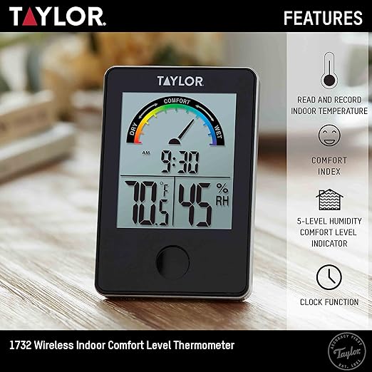 Taylor Digital Wireless Indoor Comfort Level Thermometer and Hygrometer, Easy-to-Read Display for Home, Office, Greenhouse, Nursery, and Indoor Areas, Black