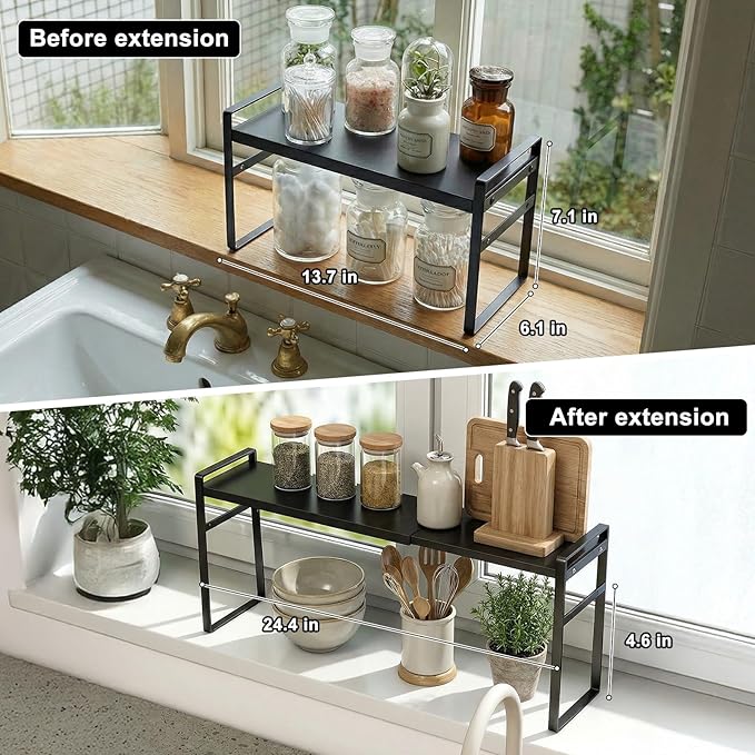 Over The Sink Shelf,Expandable Window Sill Shelf for Plants Small Tall Shelves Stackable Kitchen Organizer Shelves for Bathroom Kitchen Narrow Spaces Countertop