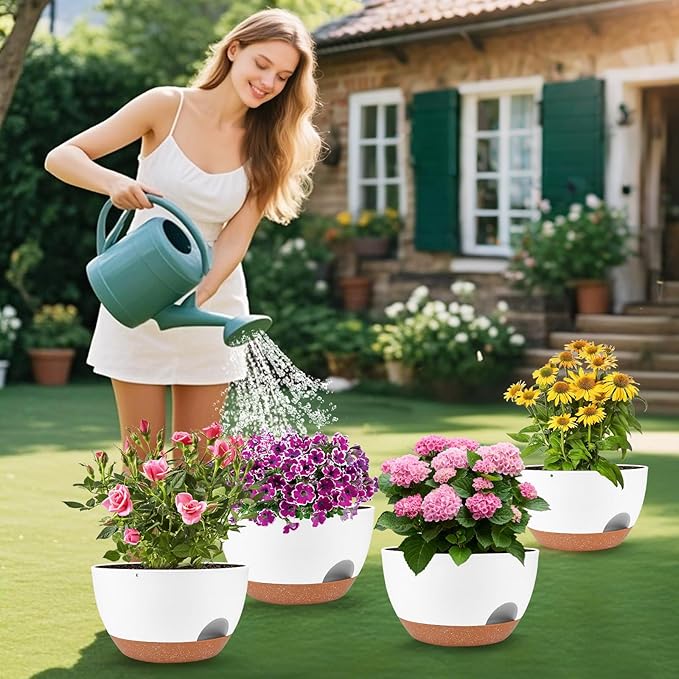 Vanslogreen Plant Pots 12inch Self Watering Pots, Set of 2 Plastic Planters with Drainage Holes and Saucers, Flower Pots for Indoor Outdoor Plants (White)