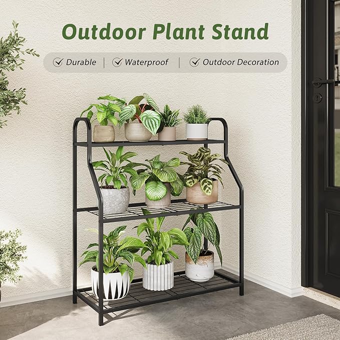 GENTINGBRO Plant Stand Outdoor 3 Tier Plant Stand Metal Plant Stands Waterproof Plant Holder Rack for Indoor Use Robust Flower Stand Plant Shelf for Living Room Balcony Garden Black