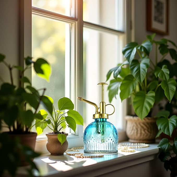 Glass Plant Mister Spray Bottle, 230ML Vintage Plant Spritzer, Succulent Watering Bottle Glass with Top Pump, Small Plants Sprayer Watering Can for Indoor Outdoor House(Blue and White)