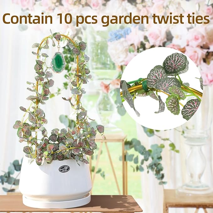 2PCS Small Gold Trellis for Climbing Plants Indoor, Mini Metal Houseplant Climber Support for Potted Plants, Boho Decorative Pot Lattice with Agate for Hoya, Pothos, Ivy, Philodendron