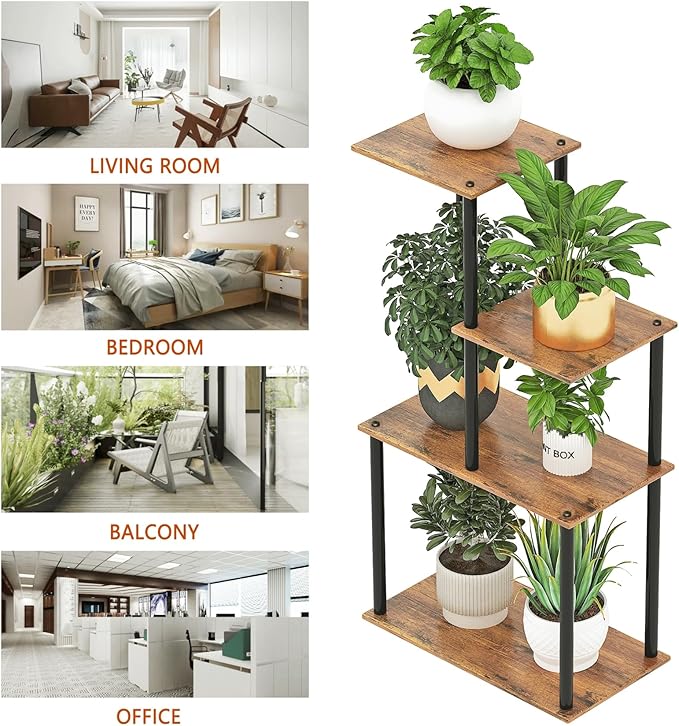Plant Stand Indoor, 4-Tier Plant Shelf Multiple Metal Wood Flower Pot Holder for Living Room Office Balcony Patio, Rustic Brown