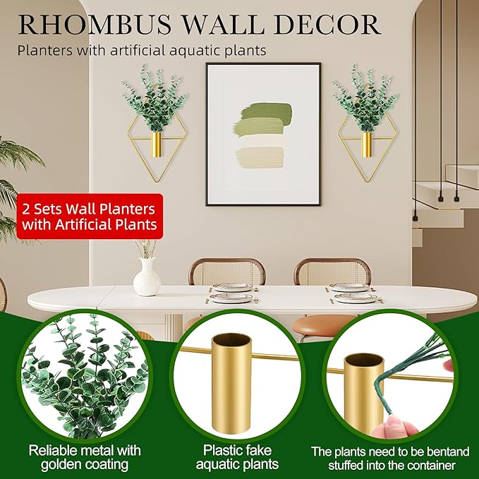 2 Pack Gold Wall Decor Hanging Planters with Artificial Plants Metal Hanging Vase Indoor Plants Holder Modern Boho Wall Art for Bathroom Bedroom Living Room Office (Gold, Eucalyptus)