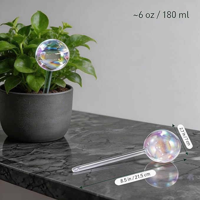 Plant Watering Globes, Thick Clear Iridescent Rainbow Glass Self Watering Globes, Automatic Plant Watering Bulbs for Indoor & Outdoor Potted Plants, Hanging Baskets, Home & Garden, 2-Pack