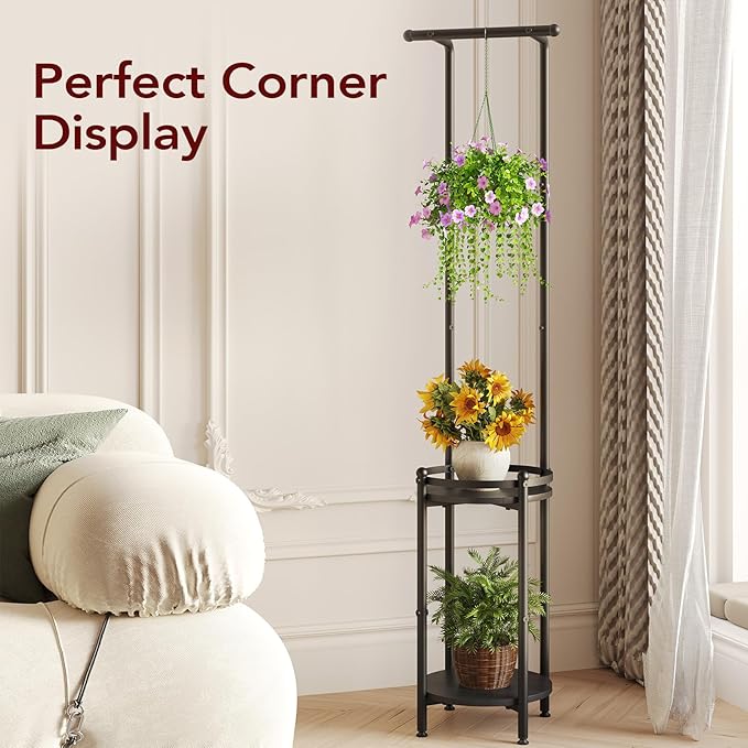 Homsorout Plant Stand Indoor Outdoor - Heavy Duty Metal 2-tier Hanging Plant Holder Space-Saving Iron Plant Stands Tall Plant Shelf for Living Room Garden Balcony（Black）
