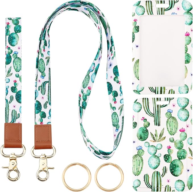 SUNNYCLUE 1 Box ID Badge Holder with Lanyard Vertical Badge Holders Breakaway Rectangle Lanyards for ID Badges Green Cactus Hard Plastic Case 2 Styles Straps with 360 Lobster Clasp Office Name Tags